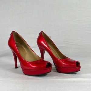 Stuart Weitzman Candy Apple Red Patent Leather Platform Peep Toe Heels